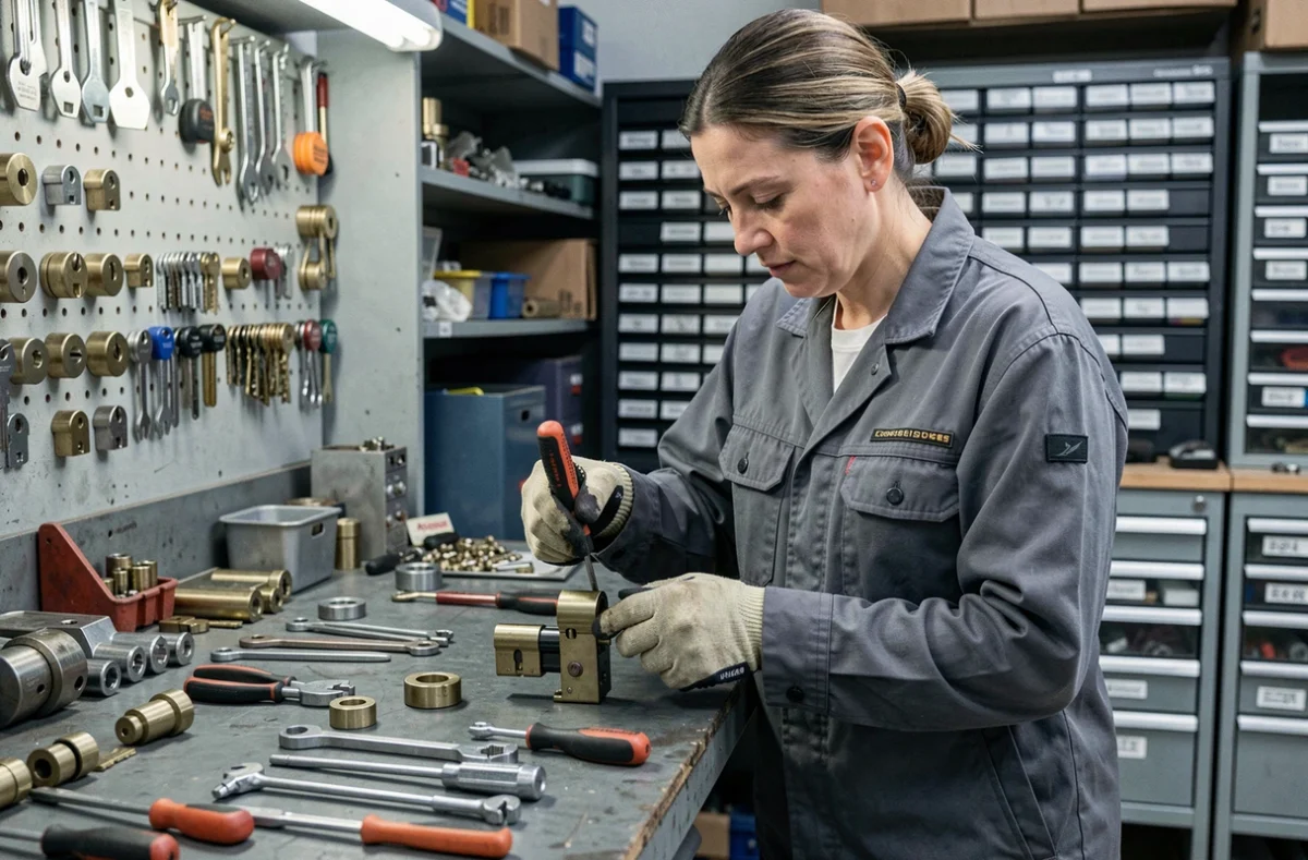 Serrurier féminin en atelier assemblant un mécanisme de serrure à cylindre avec des outils professionnels