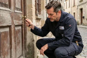 Serrurier professionnel intervenant sur une porte en bois dans une rue pavée de la Vienne