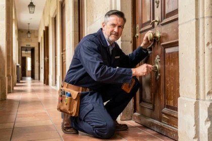 Serrurier professionnel intervenant devant une porte d'immeuble en Charente, illustrant le top 10 des serruriers d'urgence 2026
