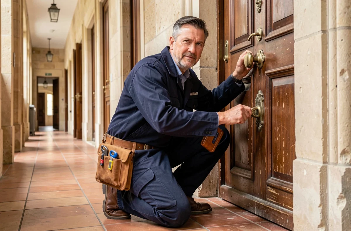 Serrurier professionnel intervenant devant une porte d'immeuble en Charente, illustrant le top 10 des serruriers d'urgence 2026