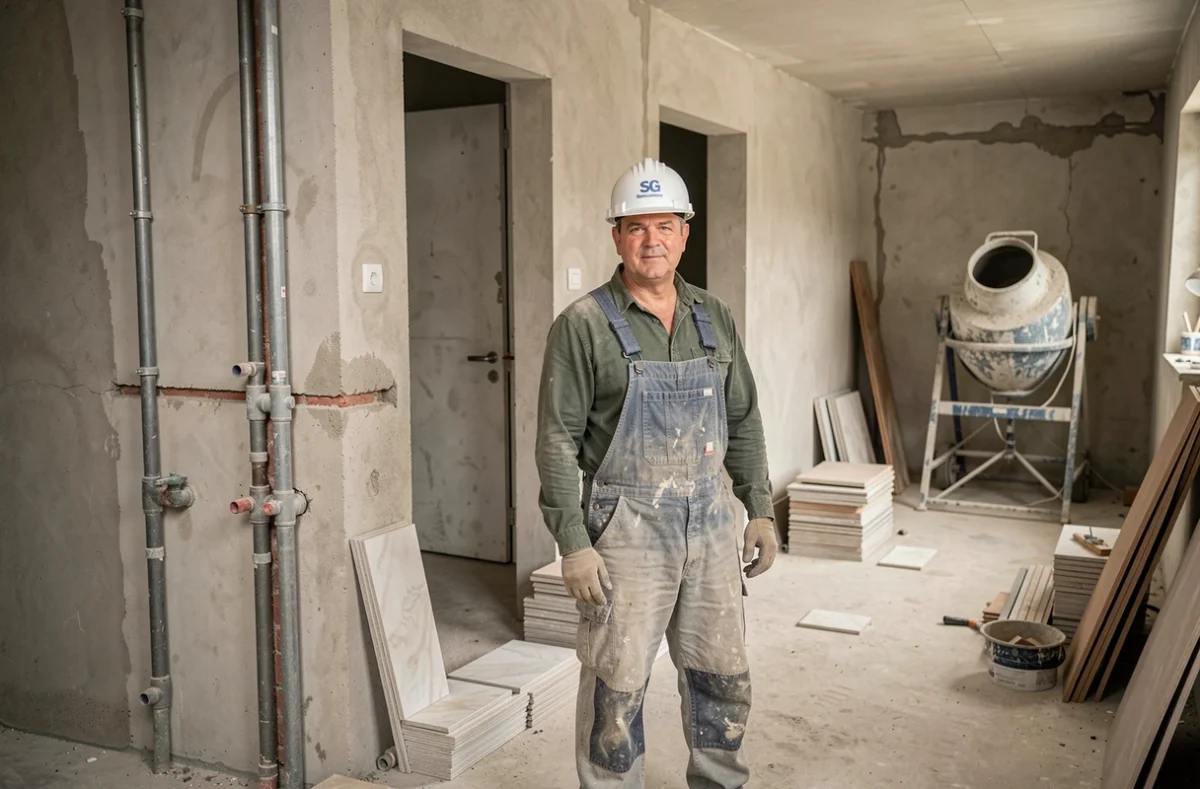Spécialiste de SG Renovation Drancy supervisant des travaux de plomberie dans une salle de bain en rénovation