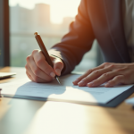 Personne confiante signant un document légal dans un bureau lumineux
