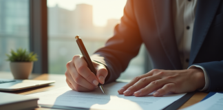 Personne confiante signant un document légal dans un bureau lumineux