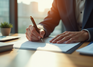 Personne confiante signant un document légal dans un bureau lumineux