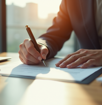 Personne confiante signant un document légal dans un bureau lumineux