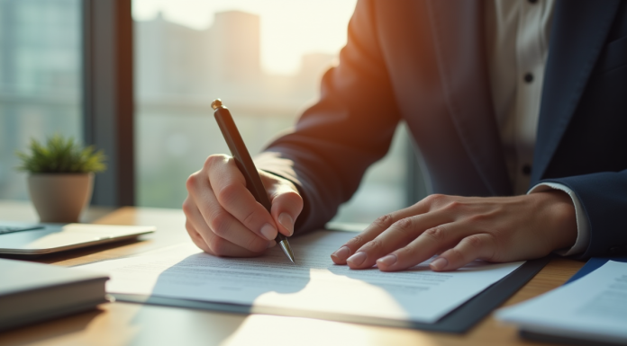 Personne confiante signant un document légal dans un bureau lumineux