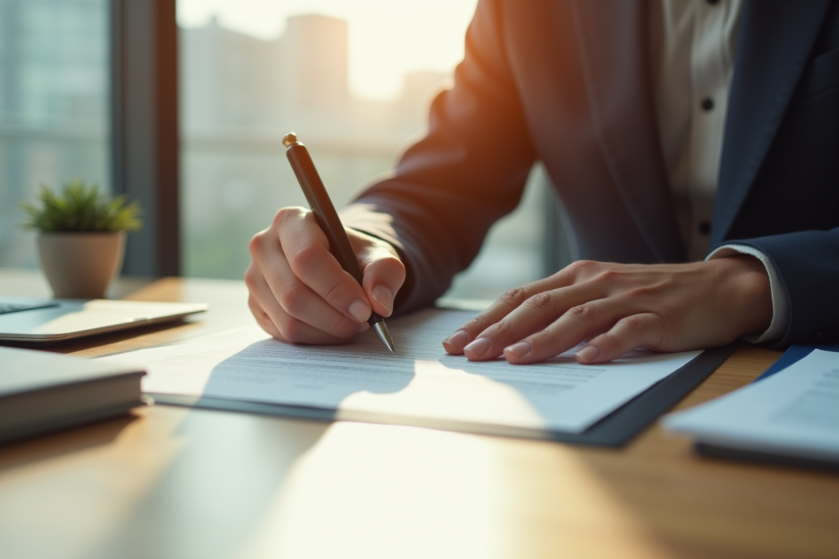 Personne confiante signant un document légal dans un bureau lumineux