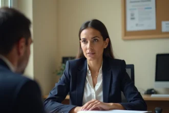 Simulation d'entretien de naturalisation française dans un bureau administratif, femme d'origine nord-africaine face à un agent préfectoral