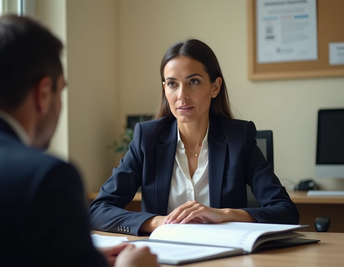 Simulation d'entretien de naturalisation française dans un bureau administratif, femme d'origine nord-africaine face à un agent préfectoral