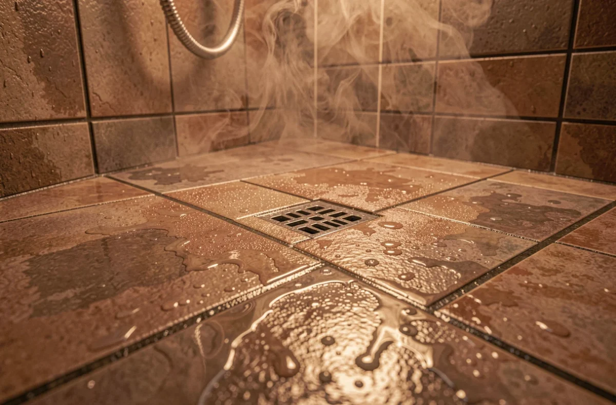 Sol carrelé humide d'une douche collective avec caillebotis