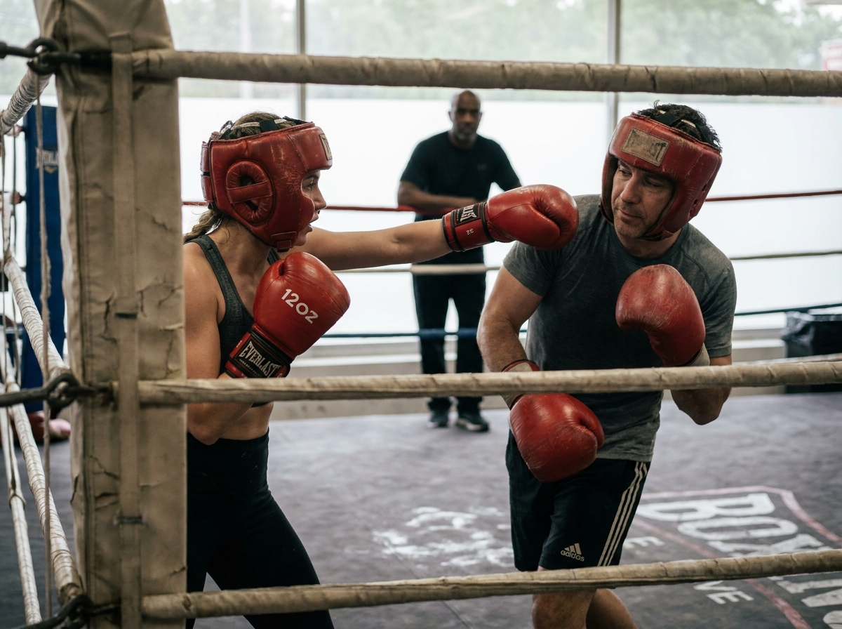 Deux boxeurs en sparring léger dans un ring de salle de boxe, cours collectif cardio et technique de boxe