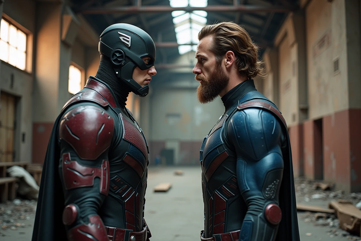 Duo cosplay héros et méchant Marvel en confrontation dans un entrepôt industriel