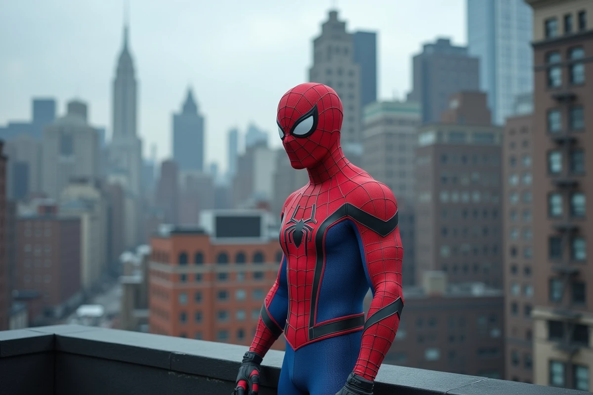 Cosplayeur en costume Spider-Man sur un toit urbain avec vue sur une ville style New York