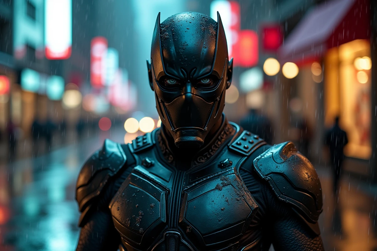 Portrait de cosplayeur en costume de super-vilain Marvel dans une rue urbaine sous la pluie