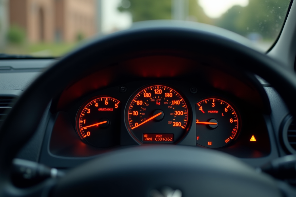 Tableau de bord Peugeot 206 avec voyants allumés en plein jour