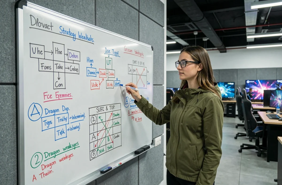 Jeune femme présentant une carte stratégique des faiblesses du Dragon sur un tableau blanc dans une salle d'entraînement esport