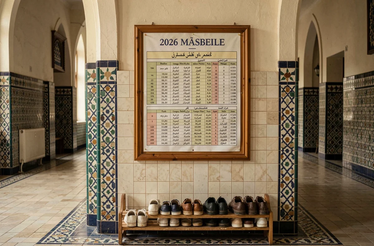 Tableau des horaires de prière 2026 affiché dans une mosquée de Marseille en français et en arabe