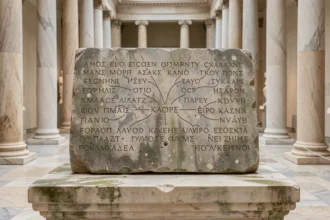 Tablette de pierre ancienne gravée d'un arbre généalogique de dieux grecs exposée dans un musée