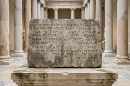 Tablette de pierre ancienne gravée d'un arbre généalogique de dieux grecs exposée dans un musée