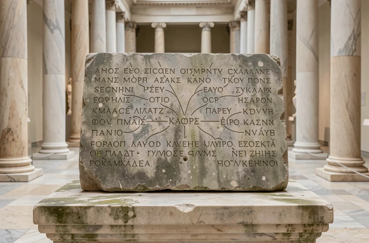 Tablette de pierre ancienne gravée d'un arbre généalogique de dieux grecs exposée dans un musée