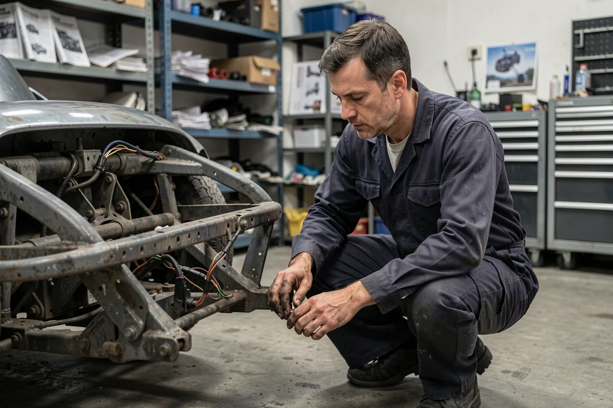 Technicien inspectant le châssis et le câblage électrique d'une auto tamponneuse démontée dans un atelier de maintenance