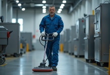Optimiser la propreté dans l’industrie : choisir les meilleurs services de nettoyage de bâtiments industriels Technicien industriel en action dans une usine moderne