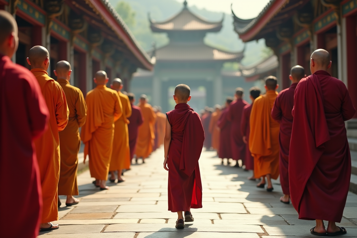 Jeune marche dans un temple bouddhiste en Asie avec moines