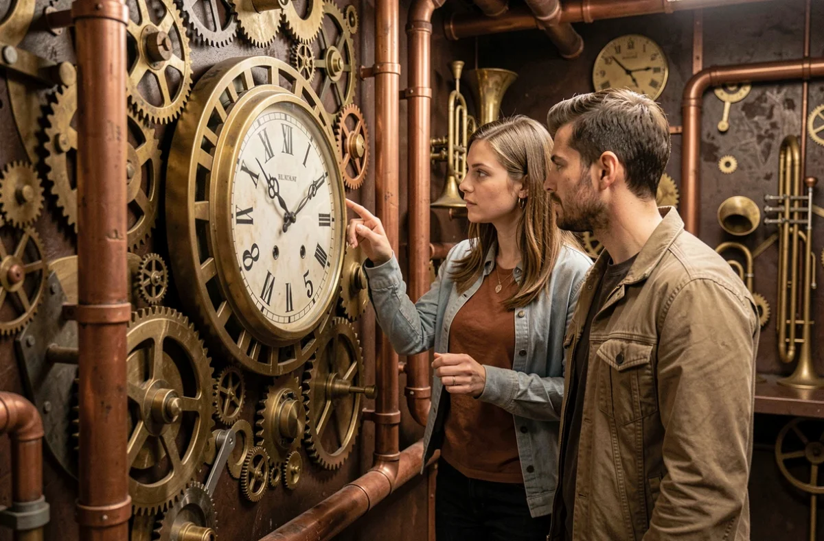 Deux joueurs manipulant un mécanisme d'horloge steampunk dans la salle Tempus Fugit Escape Game à Beauchamp