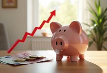 Tirelire remplie de pièces et billets avec graphique inflation