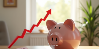 Tirelire remplie de pièces et billets avec graphique inflation