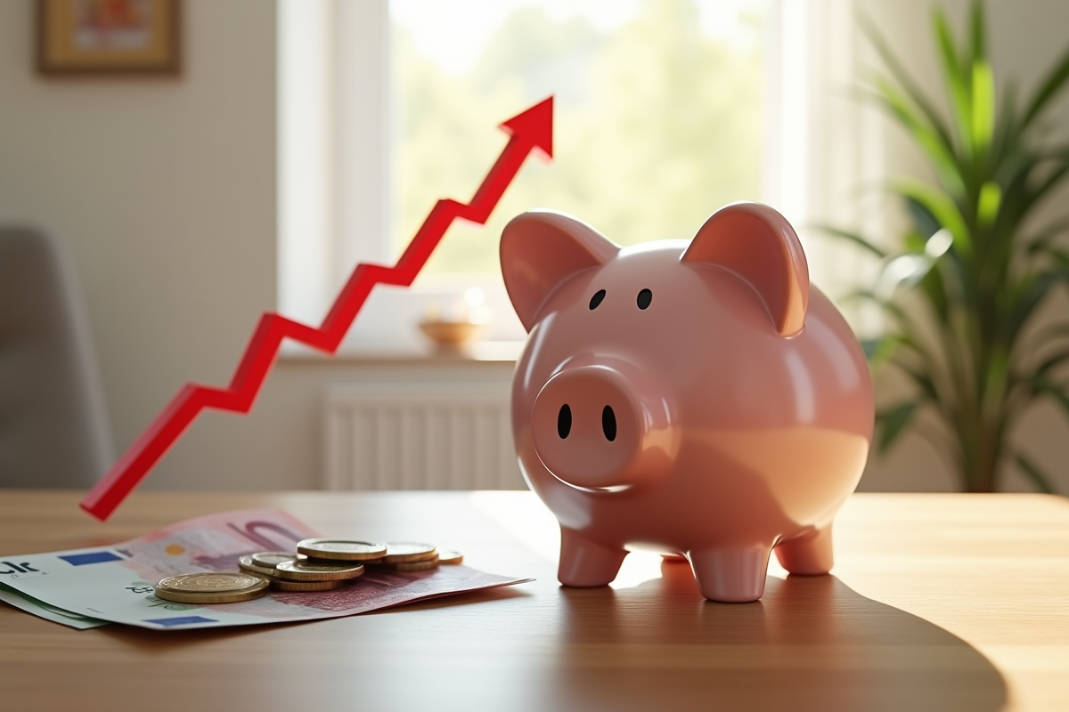 Tirelire remplie de pièces et billets avec graphique inflation