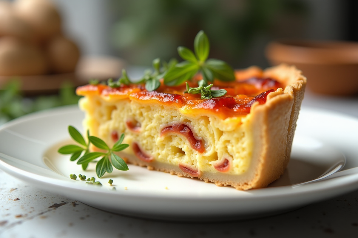Tranche de quiche au chorizo servie avec des herbes fraîches