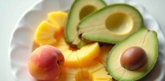 Avocat, ananas et abricot tranchés sur une assiette blanche