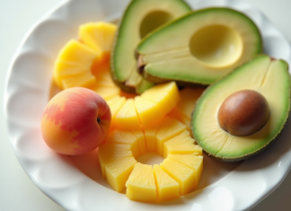 Avocat, ananas et abricot tranchés sur une assiette blanche