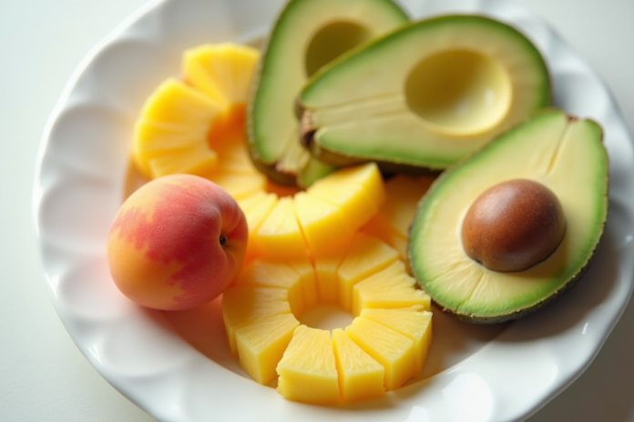 tranches-davocat-ananas-abricot Avocat, ananas et abricot tranchés sur une assiette blanche
