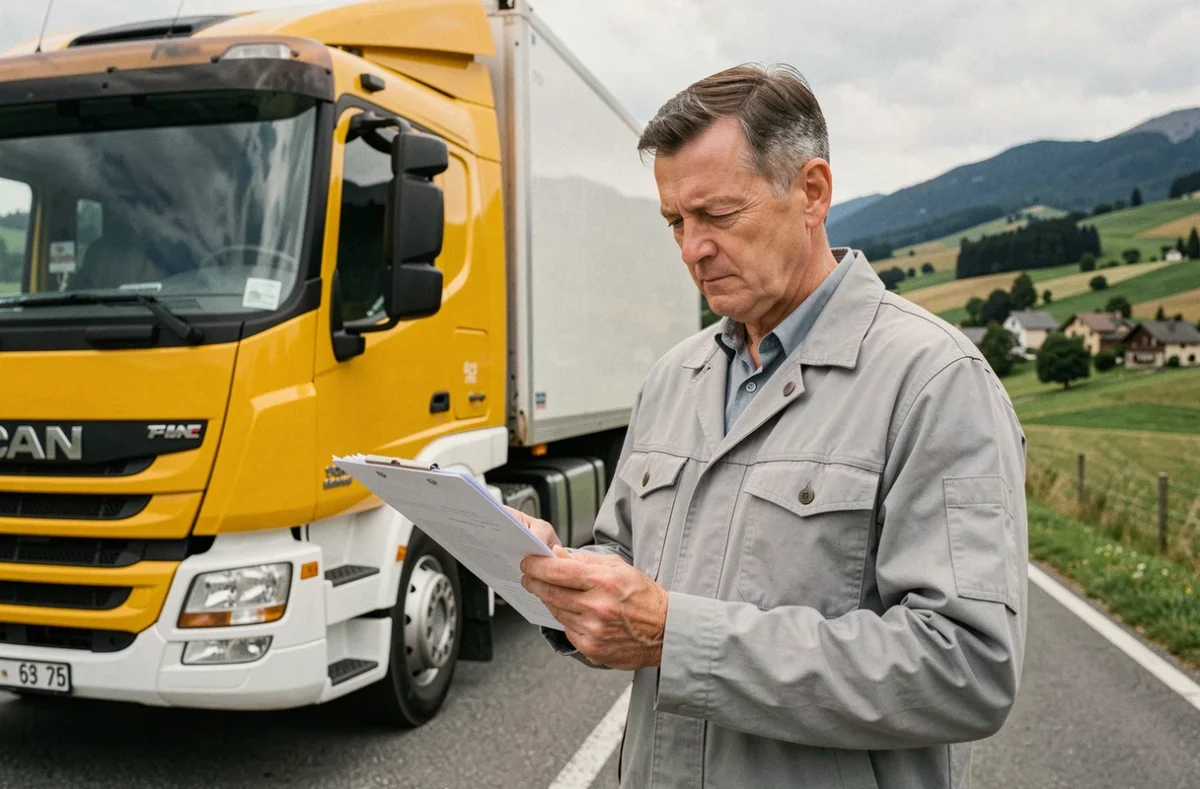 Chauffeur de Transports Didier vérifiant un manifeste de livraison à côté de son camion sur une route de l'Isère