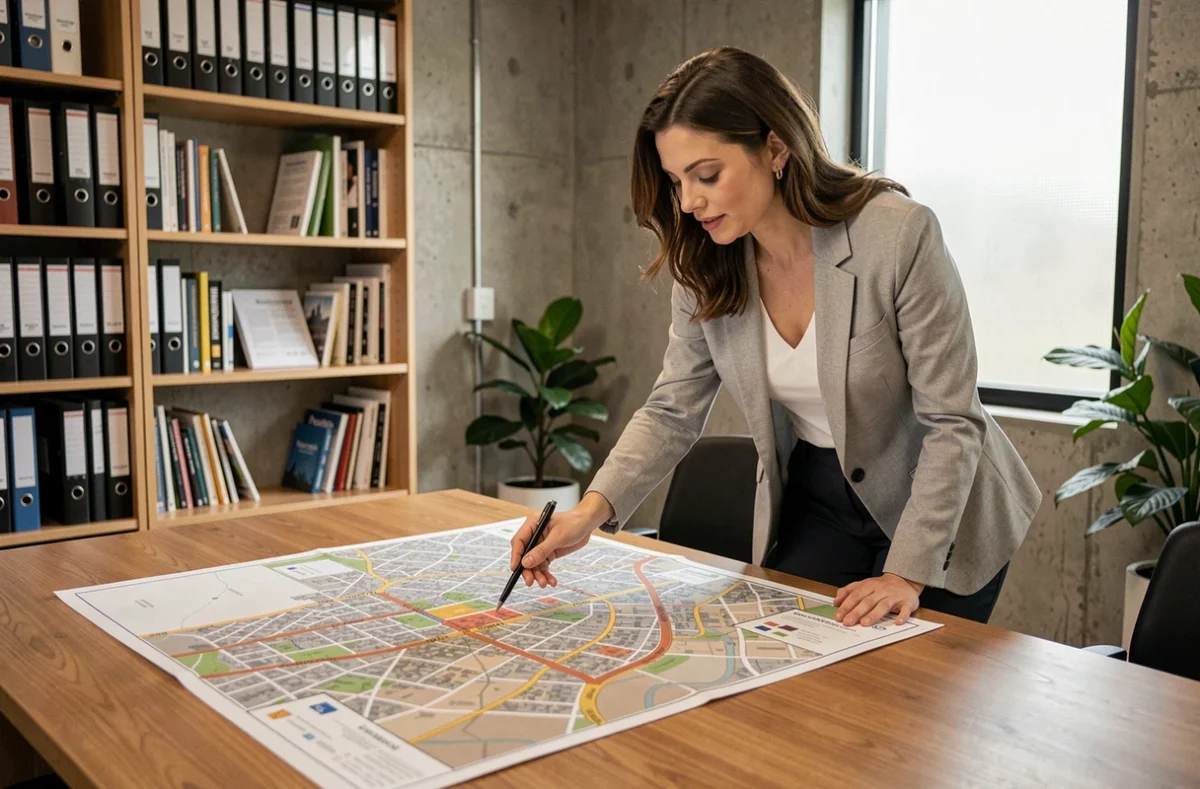 Urbaniste analysant une carte des quartiers de Rennes pour comprendre l'évolution démographique par secteur en 2026