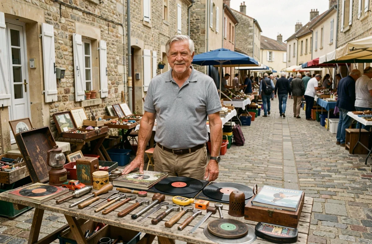 Vendeur âgé derrière son stand de vide-grenier avec outils anciens et vinyles dans un village du Quercy