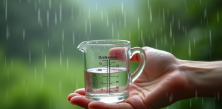 Main tenant un verre mesureur avec pluie nature