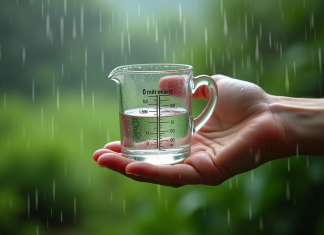 Main tenant un verre mesureur avec pluie nature