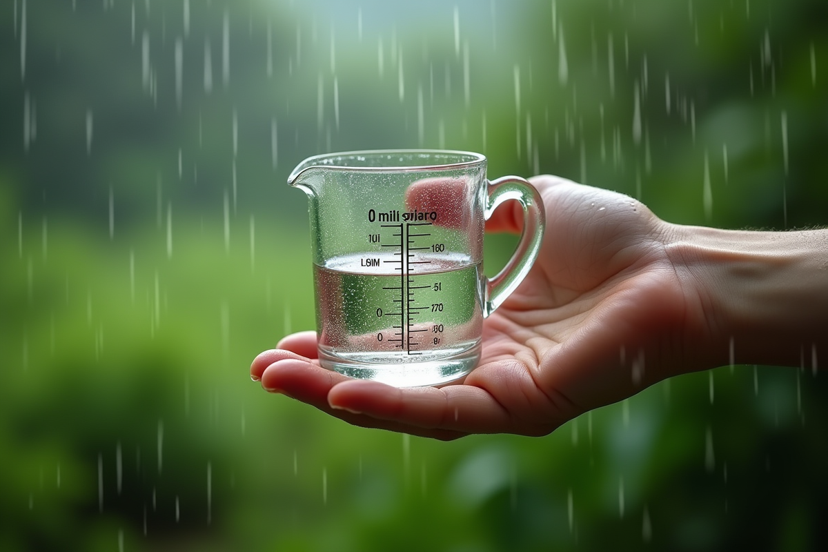 Main tenant un verre mesureur avec pluie nature