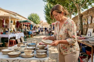 Femme examinant de la vaisselle ancienne sur un stand de vide-grenier en plein air dans le Lot ou l'Aveyron