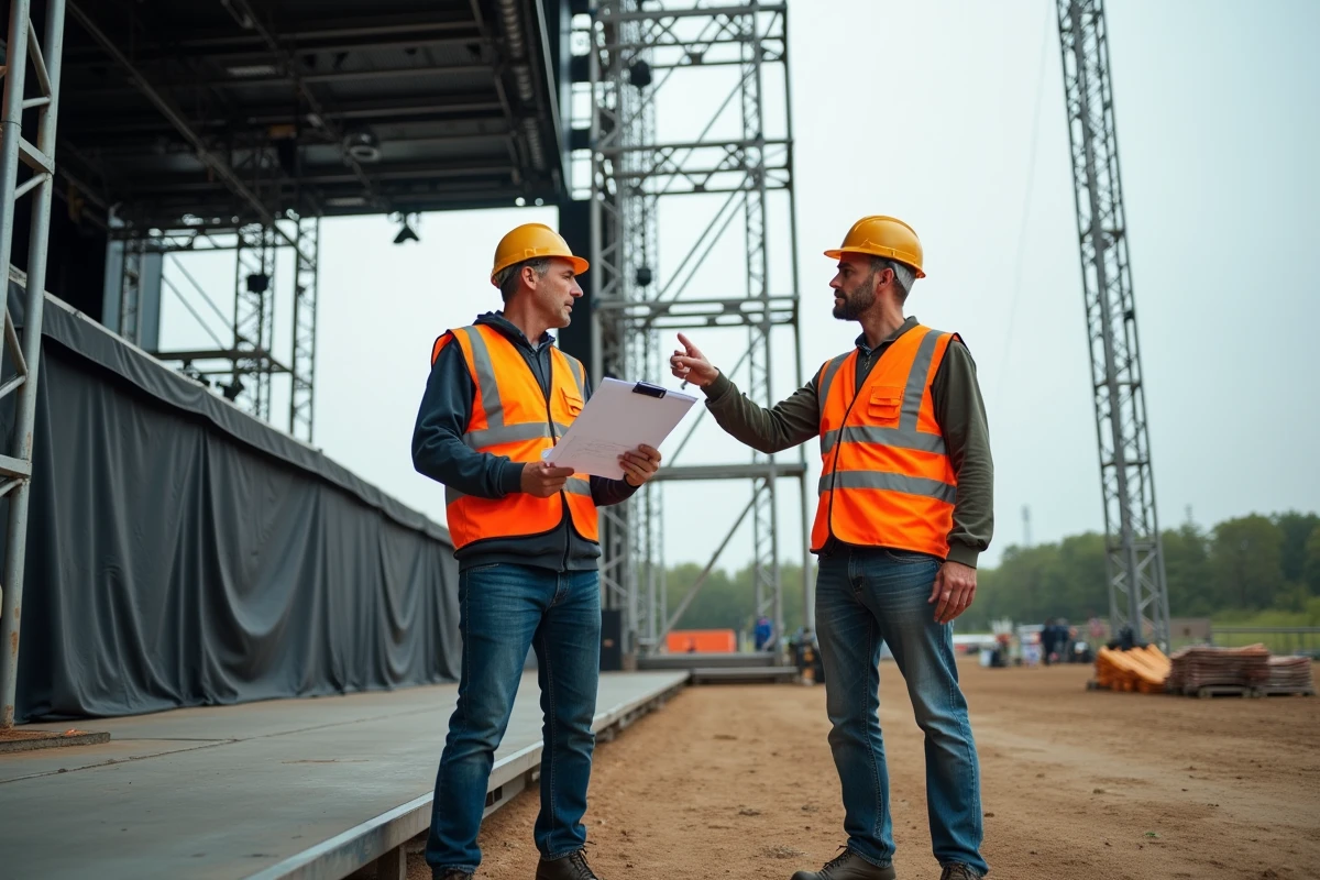 Techniciens de scène inspectant les infrastructures du festival des Vieilles Charrues avant l'ouverture de l'édition 2026
