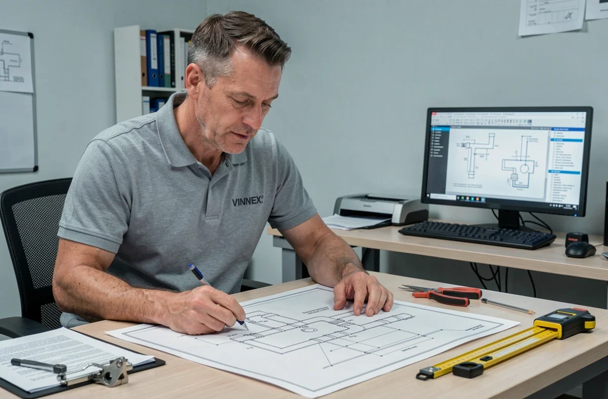 Technicien VINDEX consultant un plan de plomberie dans un bureau professionnel organisé