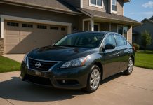 Voiture Nissan d'occasion brillante devant maison moderne