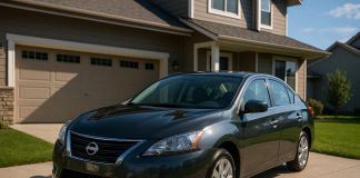 Voiture Nissan d'occasion brillante devant maison moderne