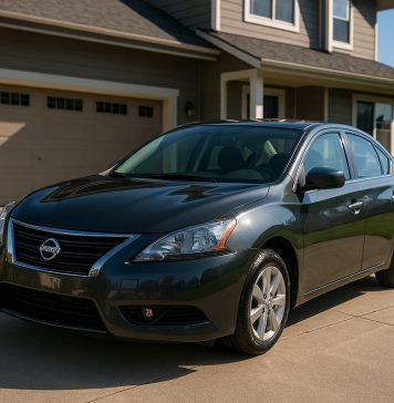 Voiture Nissan d'occasion brillante devant maison moderne