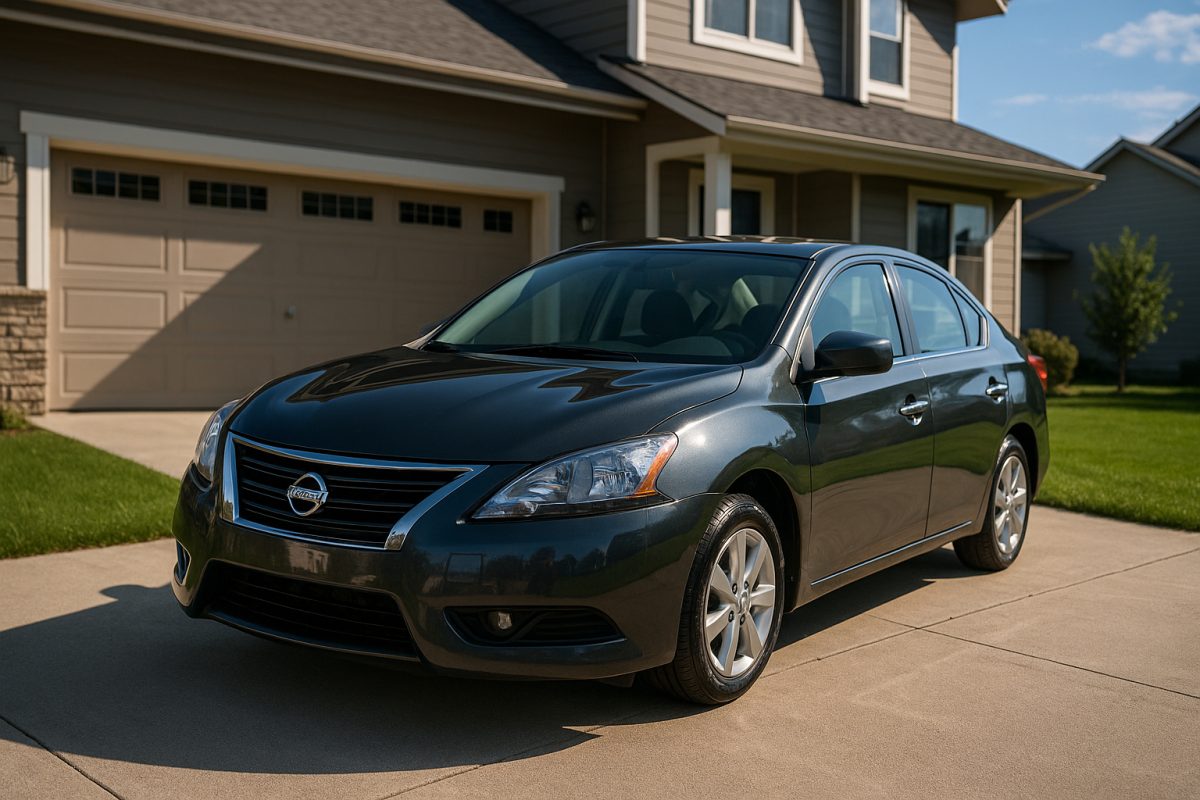 Voiture Nissan d'occasion brillante devant maison moderne