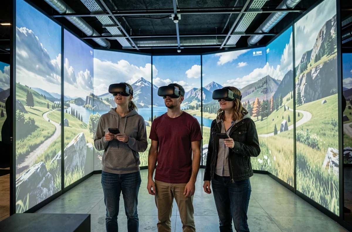 Joueurs immergés dans une expérience de réalité virtuelle et de fenêtres panoramiques chez Winscape à Argenteuil